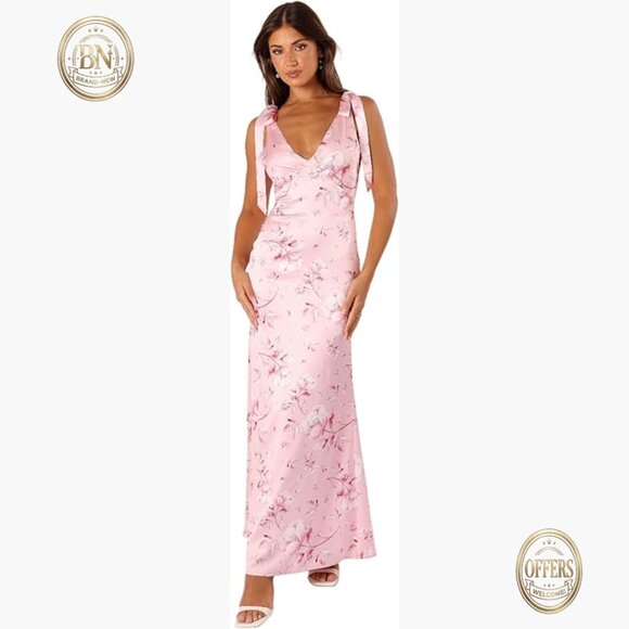 Polyester Maxi Dress with V-Neck and Tie-Close Straps